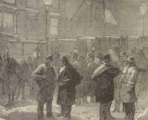 Cabmen gathered at a cabstand in the snow,