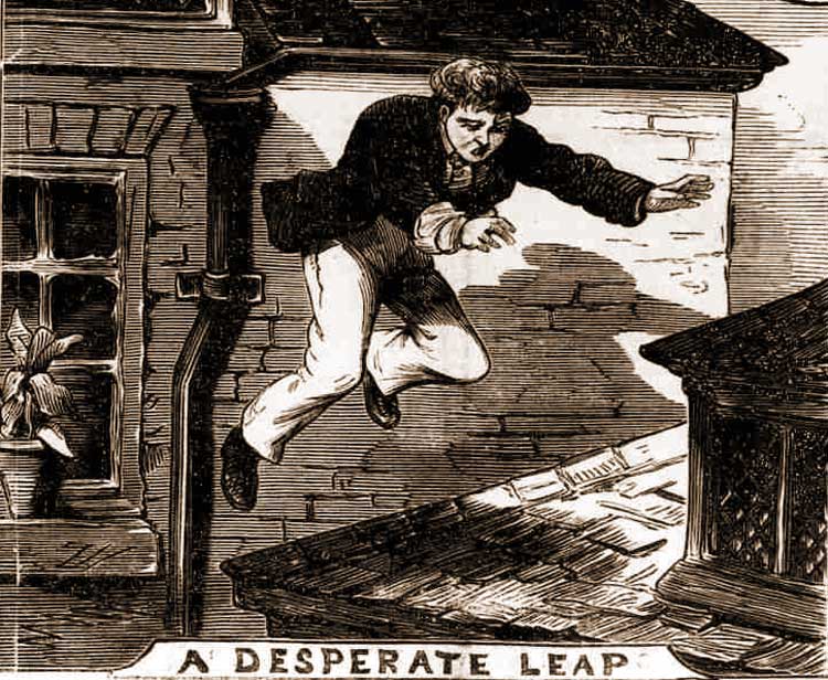 The prisoner leaps from the rooftop.