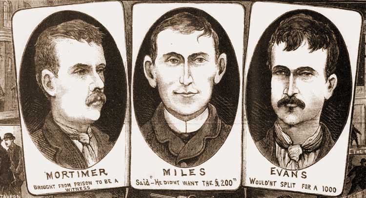 Portraits of the witnesses Mortimer, Miles and Evans.