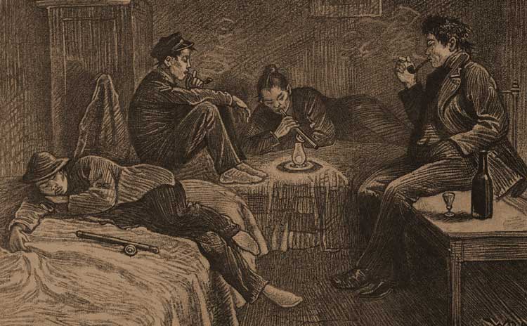 People smoking opium inside a Victorian East End opium den.