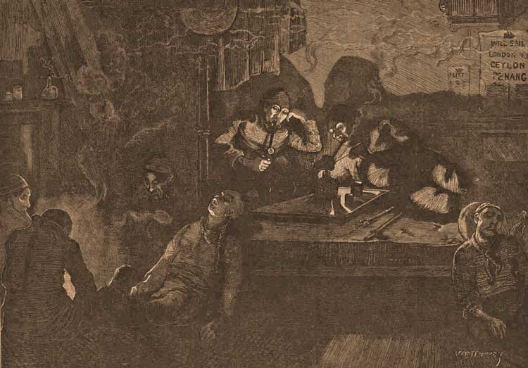 Men gathered around a table smoking opium pipes.
