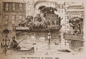 A sketch showing people in boats in the flooded streets of London in August 1888.