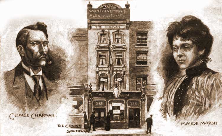 A sketch showing George Chapman, the Crown pub and his wife Maude Marsh.