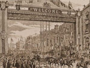 Queen Victoria in her carriage passing through the triumphal arch.