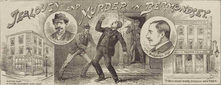 Illustrations showing various scenes from the murder.
