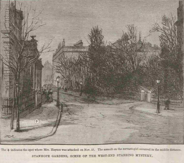 A view along Stanhope Gardens, showing the site of the attacks.